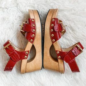 Michael Kors Red Leather Wood Platform Statement Sandal